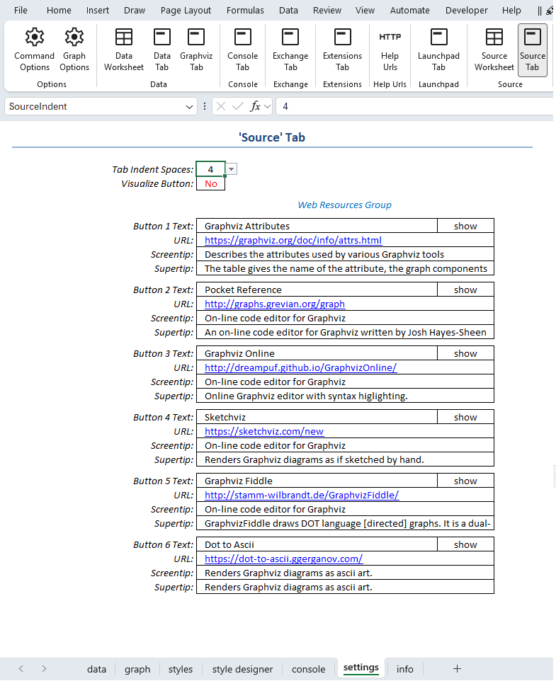 Screenshot of the settings worksheet showing Ribbon Options for Web Resources.