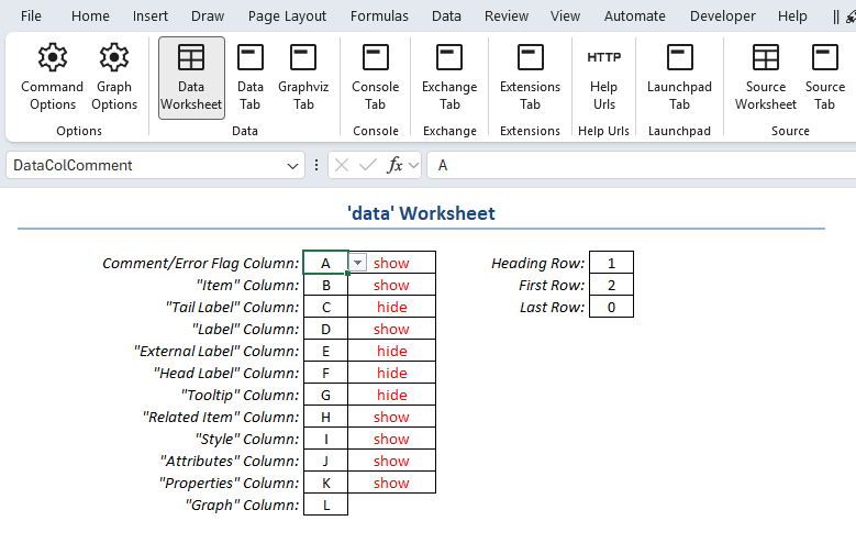 Screenshot of the data‑worksheet settings section showing column‑layout and row‑filtering options.