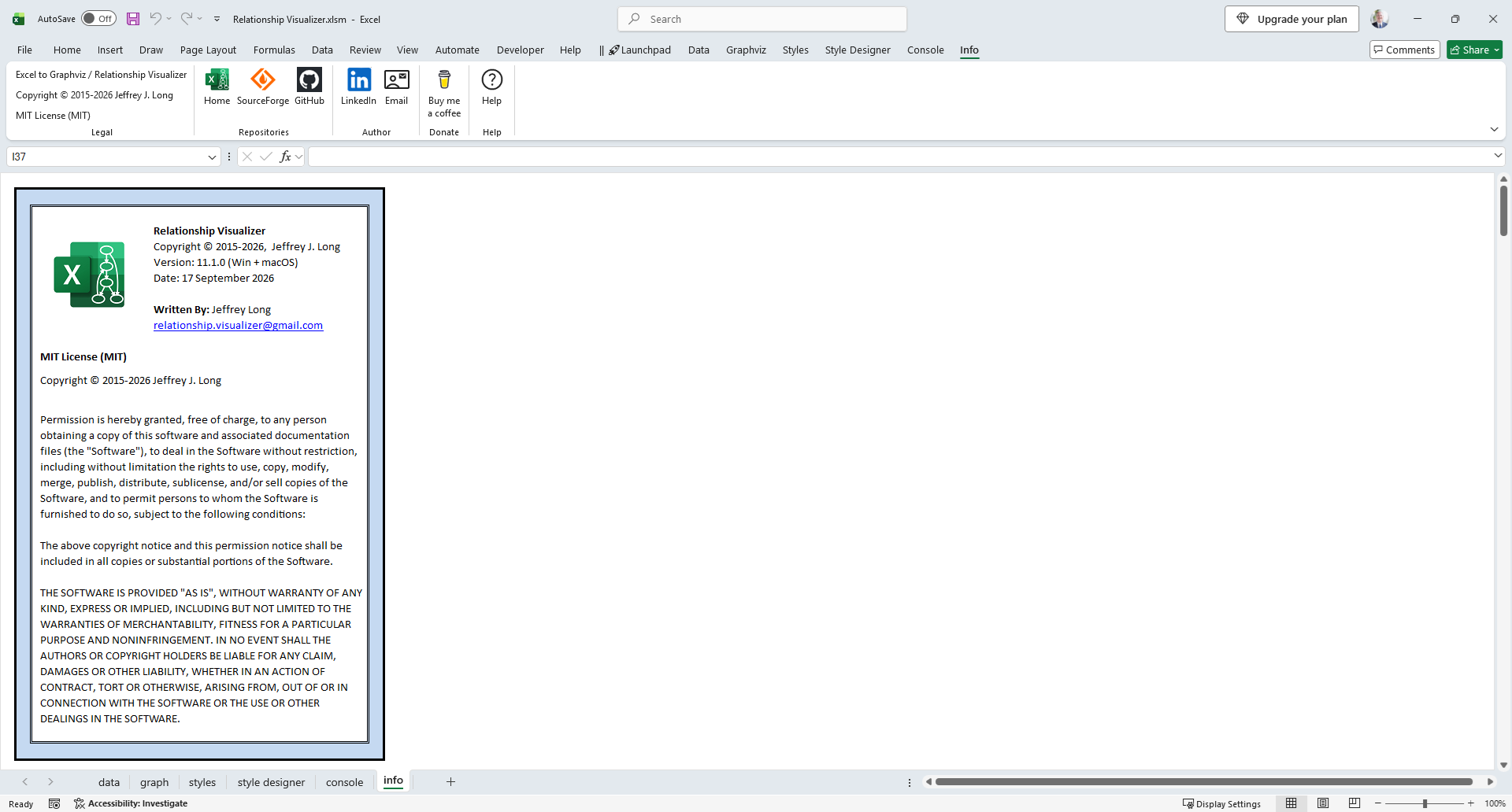 Screenshot of the  worksheet showing version information, author contact details, and license text.