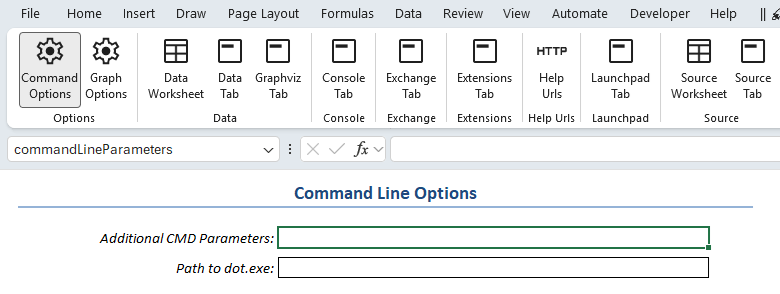 Screenshot of the Command Options section of the settings worksheet.