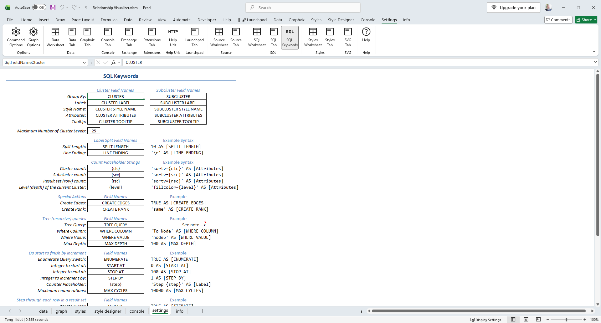 Screenshot of the  worksheet showing master configuration options and persistent ribbon settings.