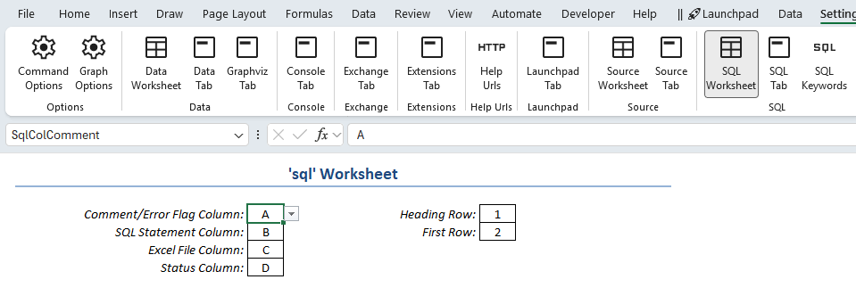 Screenshot of the sql‑worksheet settings section showing column‑layout and row‑processing options.