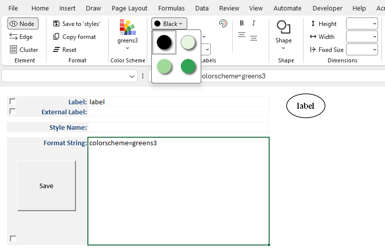 Screenshot of the updated color drop‑down lists showing values 1–3 with green color swatches after selecting greens3.