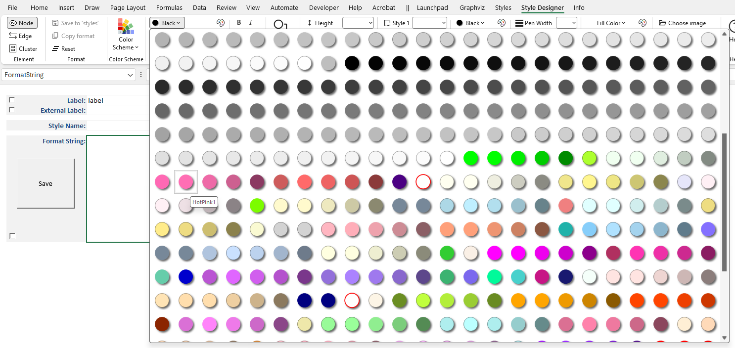 Screenshot of the color gallery showing X11 color options, with the HotPink1 swatch highlighted and its name displayed on hover.