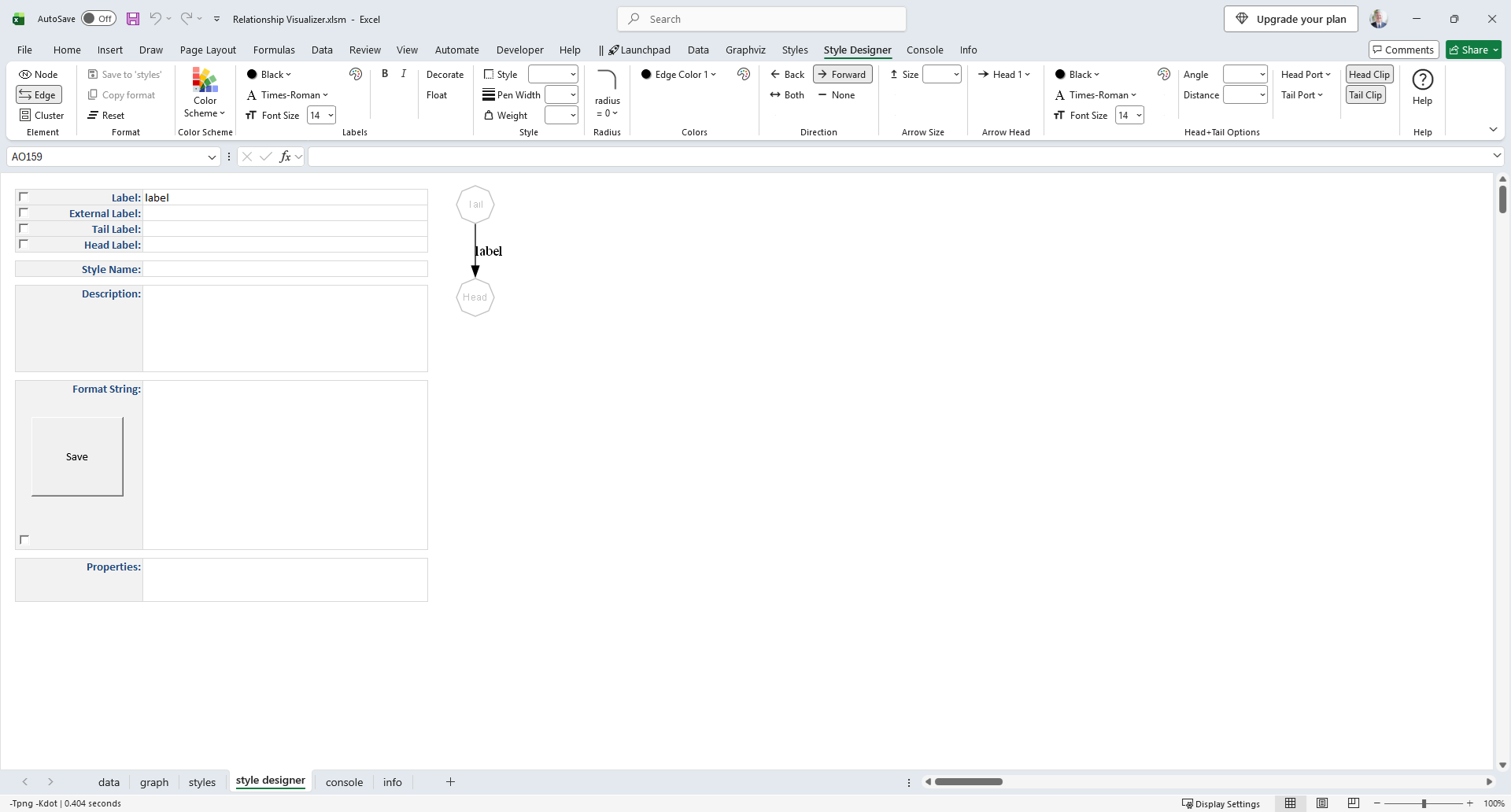 Windows Style Designer ribbon in Edge mode, showing controls for arrowheads, line style, color, and edge label formatting.