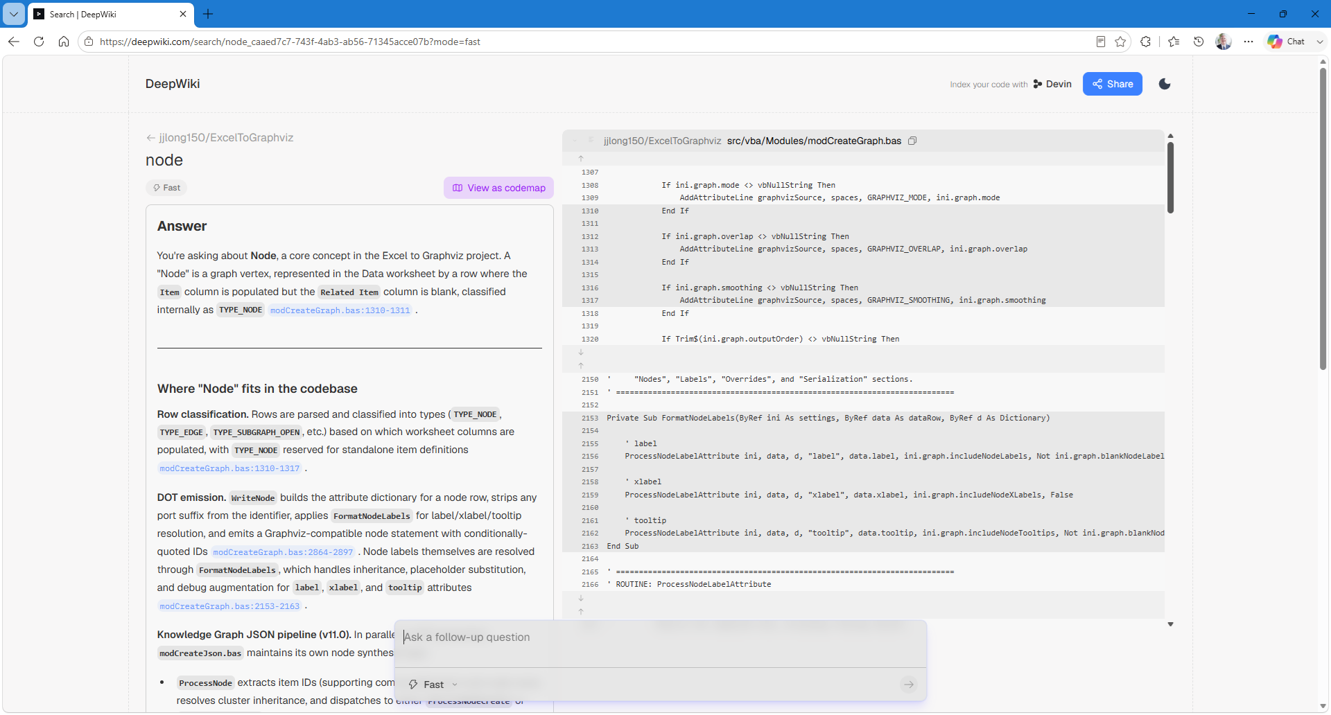 Screenshot of DeepWiki’s AI search results for the term ‘node,’ displaying contextual summaries and linked references across the Excel to Graphviz VBA project.