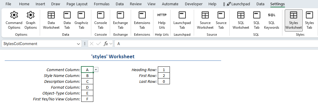 Screenshot of the styles‑worksheet settings section showing column‑layout and row‑range configuration options.