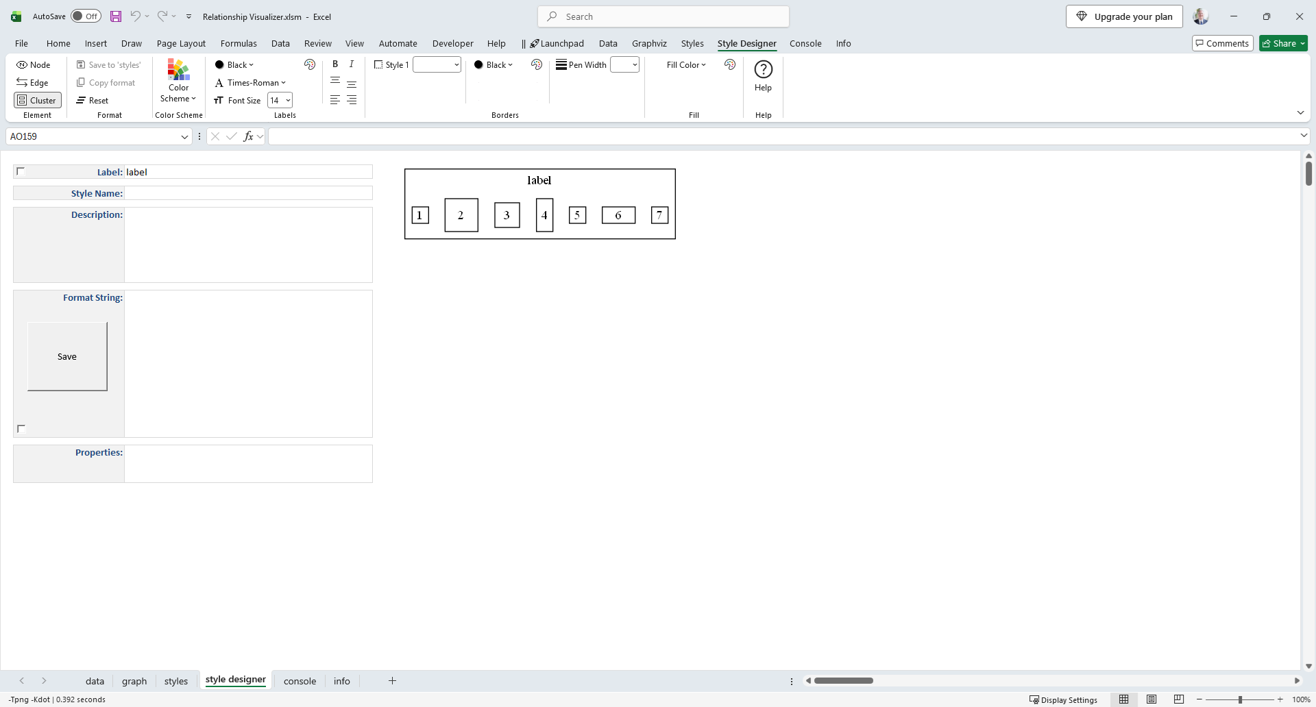 Windows Style Designer ribbon in Cluster mode, showing controls for cluster borders, background color, padding, and label formatting.