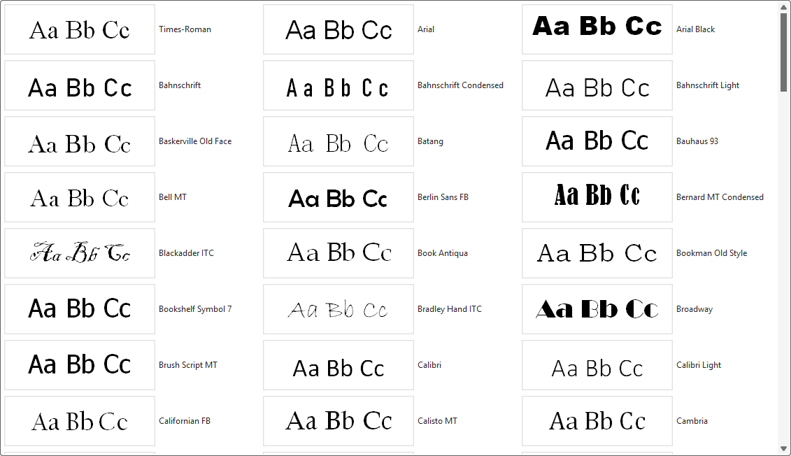 Screen print of the Font Gallery on the Windows OS