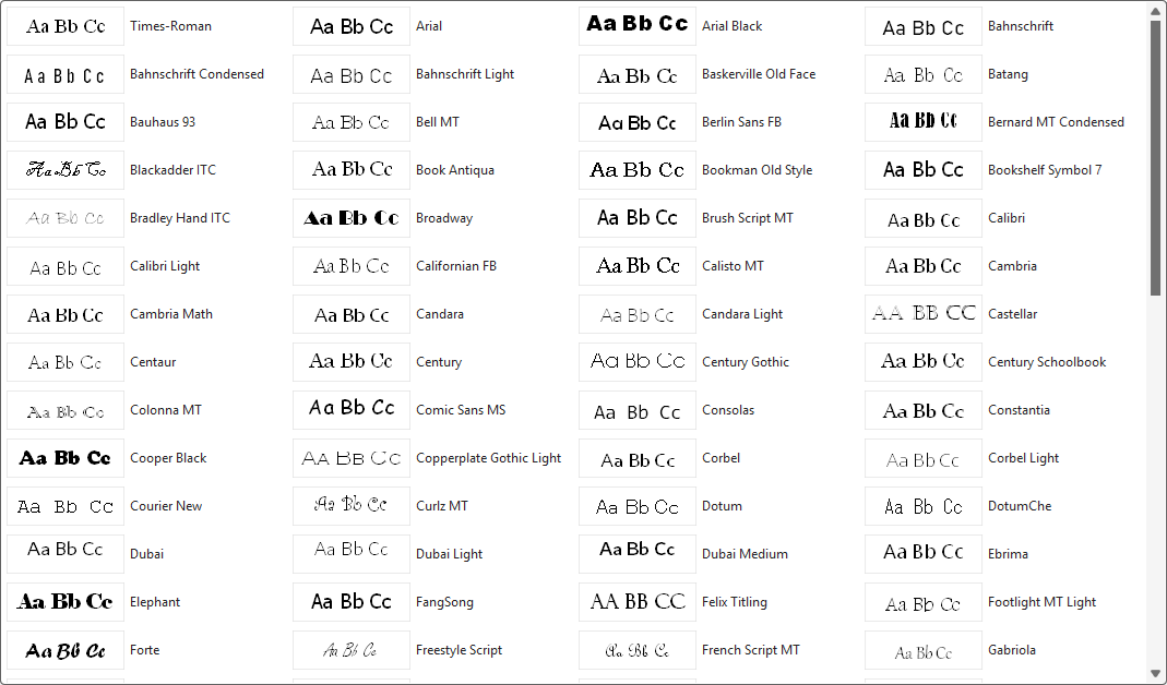 Screenshot of the Windows 11 Font Name gallery showing preview tiles for each font, with “Aa Bb Cc” rendered in the corresponding typeface.