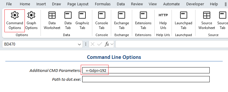 Command Line Options section of the Relationship Visualizer settings worksheet