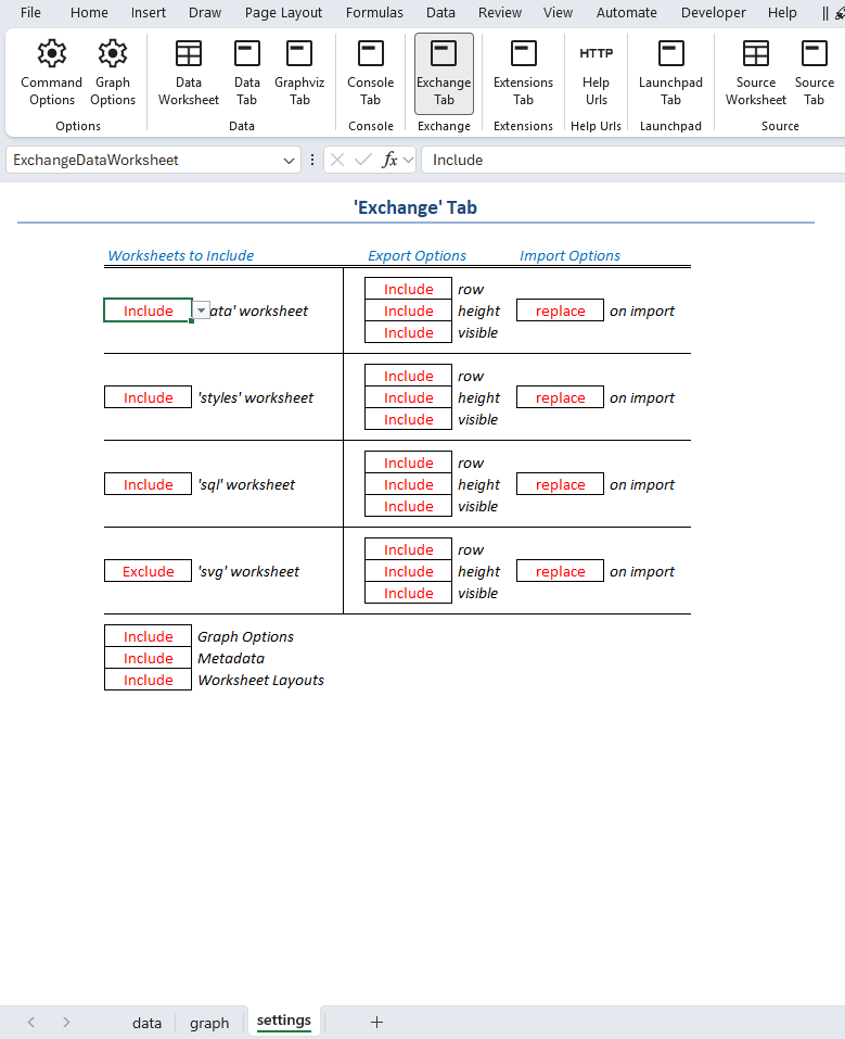 Screenshot of the settings worksheet showing stored Exchange ribbon tab options.