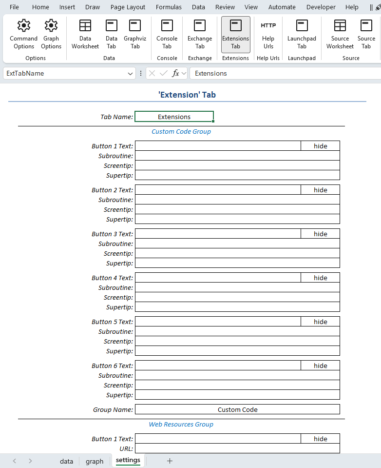 Screenshot of the settings worksheet showing Extensions tab configuration options.