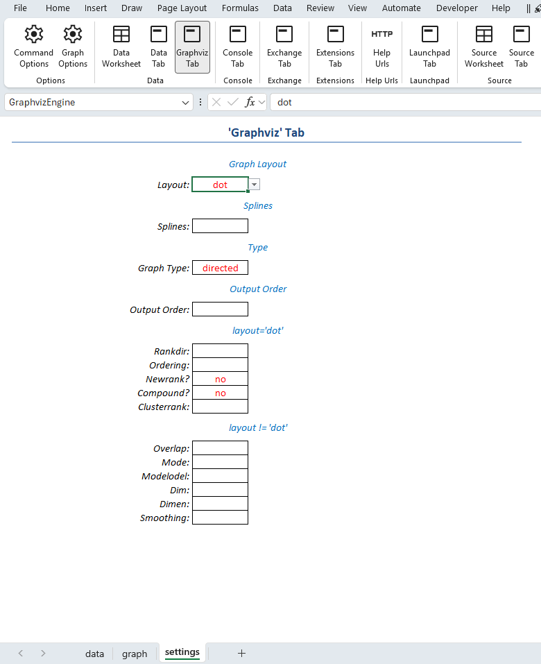 Screenshot of the settings worksheet showing stored Graphviz ribbon tab options.
