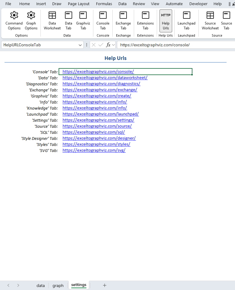 Screenshot of the settings worksheet showing Help Button URL mappings.