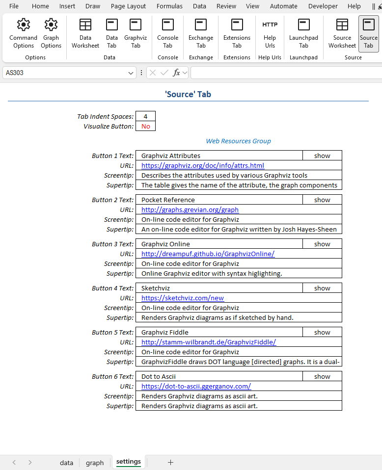 Screenshot of the settings worksheet showing stored Source ribbon tab URLs.