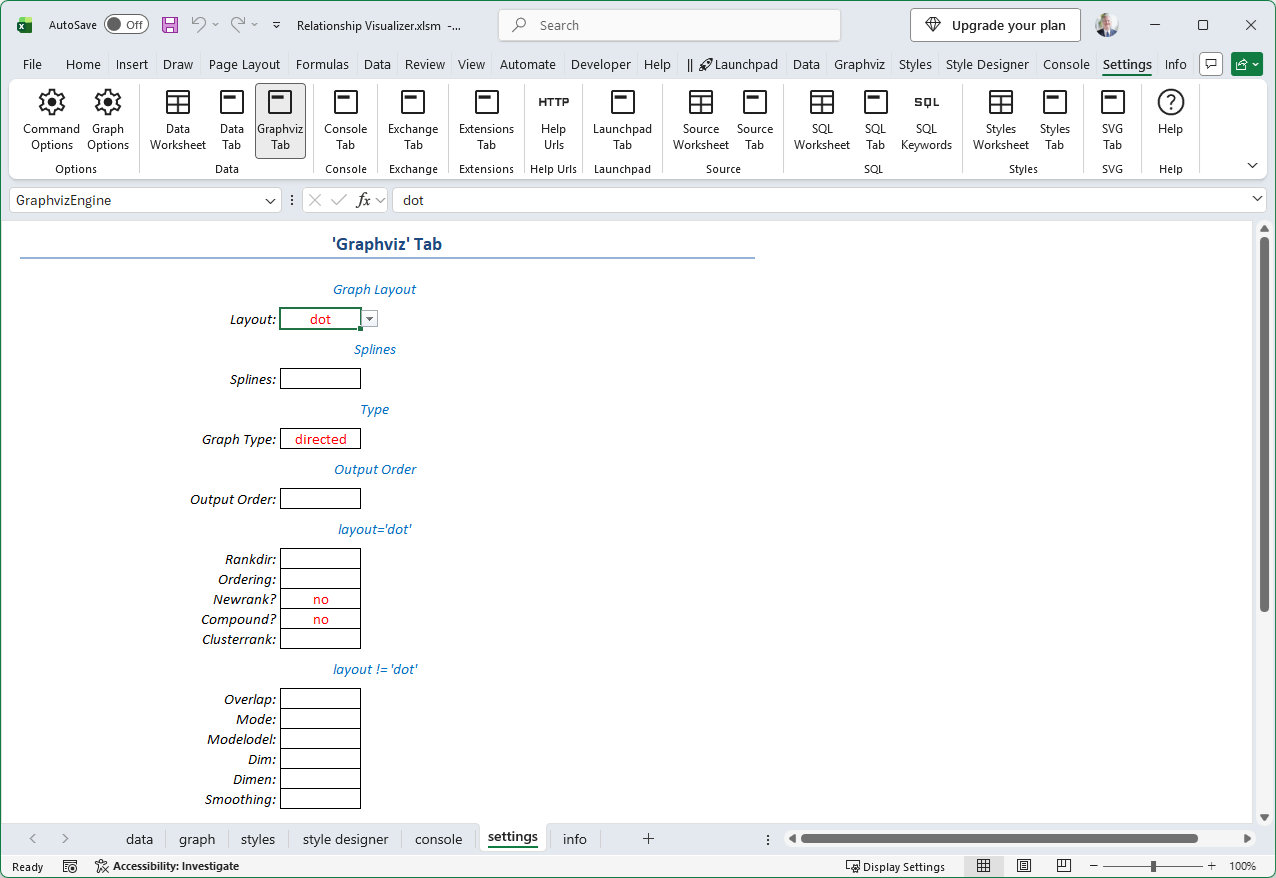 Screen capture of the settings worksheet and Settings ribbon tab.