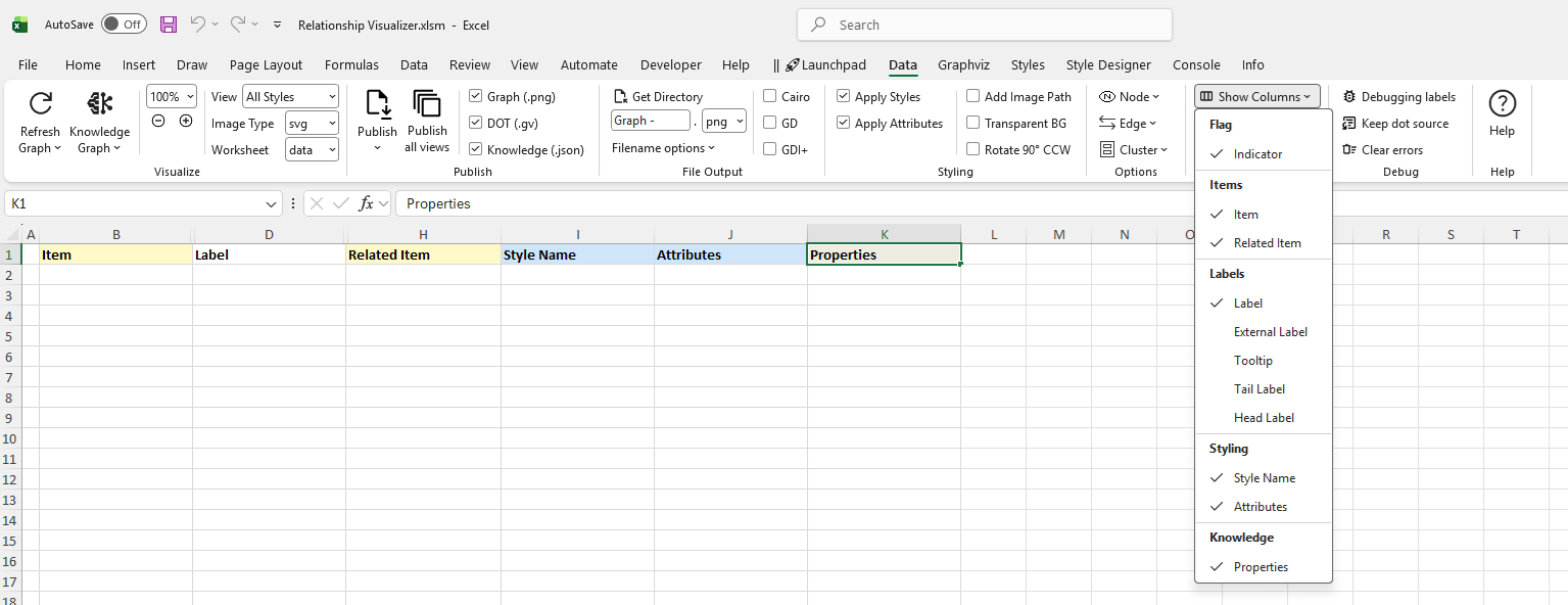 Screenshot of the Relationship Visualizer 'Show Columns' menu in Excel, displaying options to reveal hidden data columns such as Tail Label, External Label, Head Label, and Tooltip.