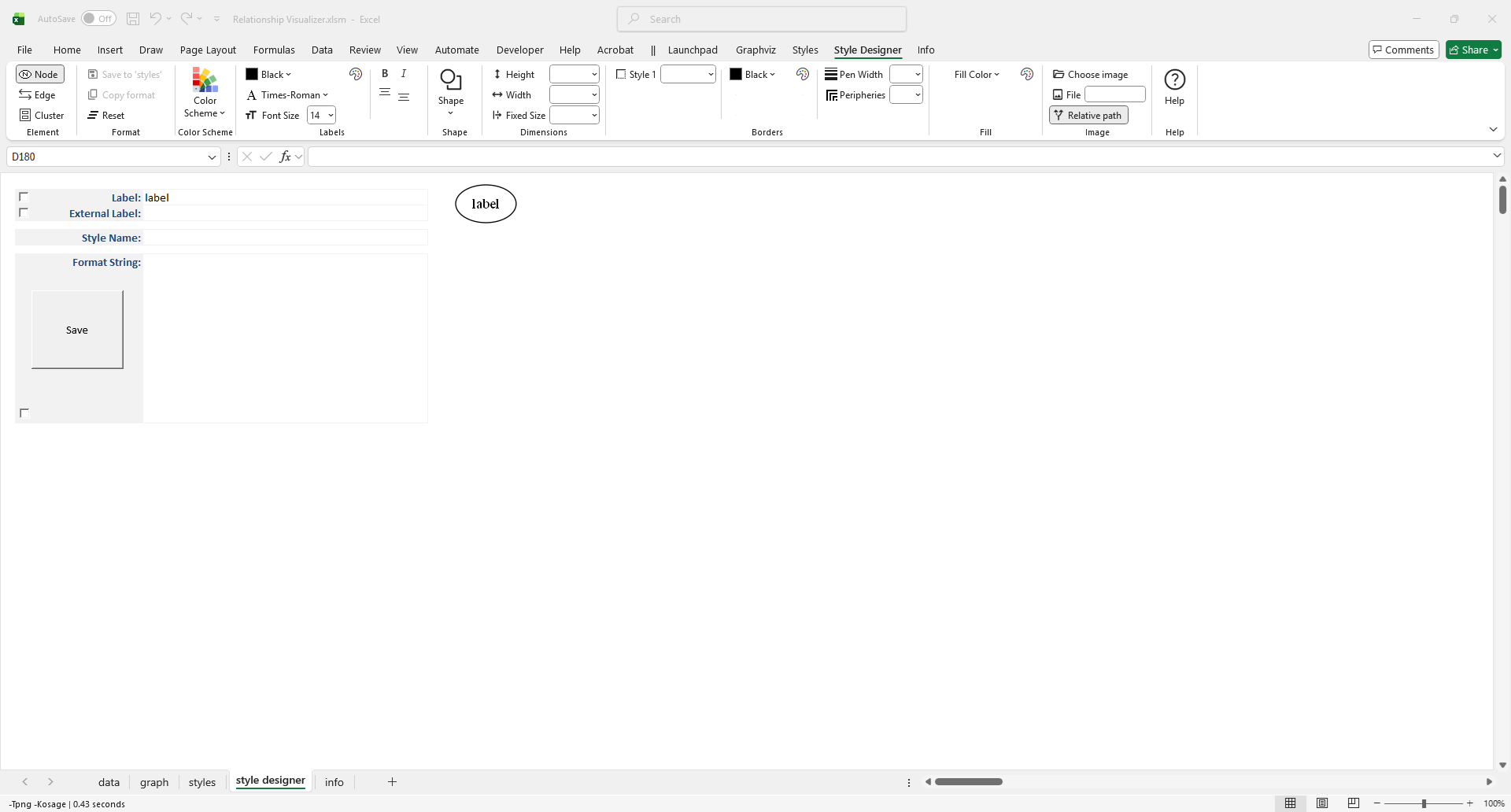 Screenshot of the  worksheet showing visual controls and a live preview for node, edge, and cluster styles.