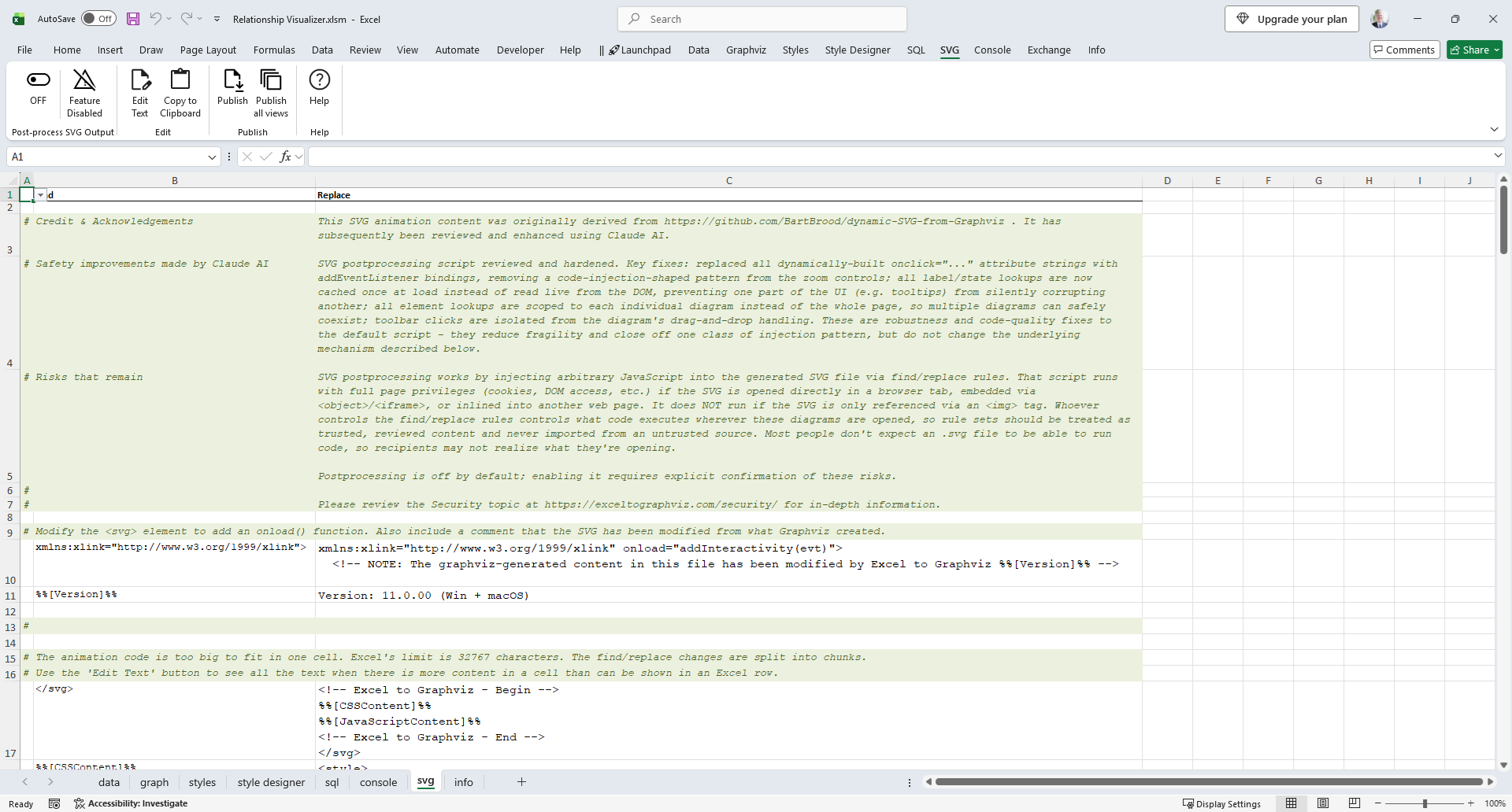 Default SVG worksheet showing Find/Replace rows and comment column.