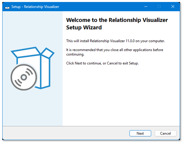 Welcome page of the Relationship Visualizer Windows installer wizard.