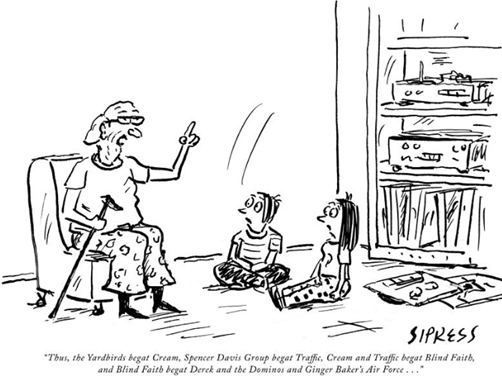 The New Yorker cartoon by David Sipress, "Thus, the Yardbirds begat..."